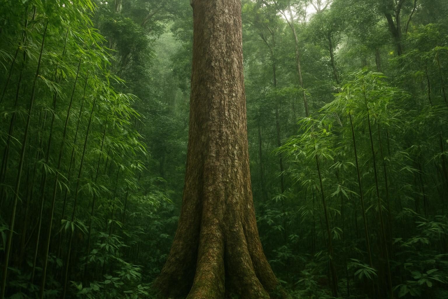 Castanheira alta em meio à floresta amazônica com bambu nativo ao redor