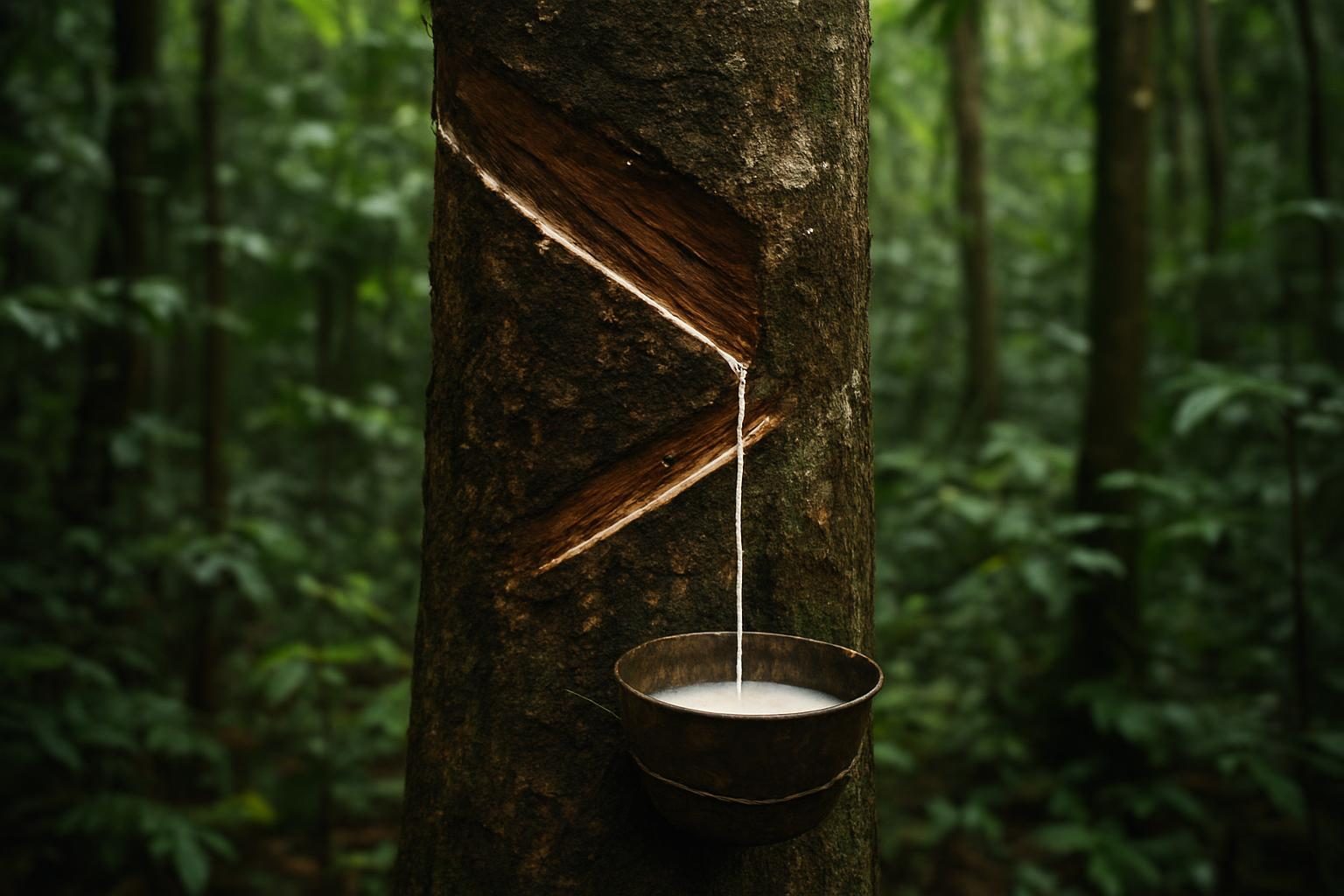 Tronco de seringueira com cortes e látex escorrendo para a tigela na floresta