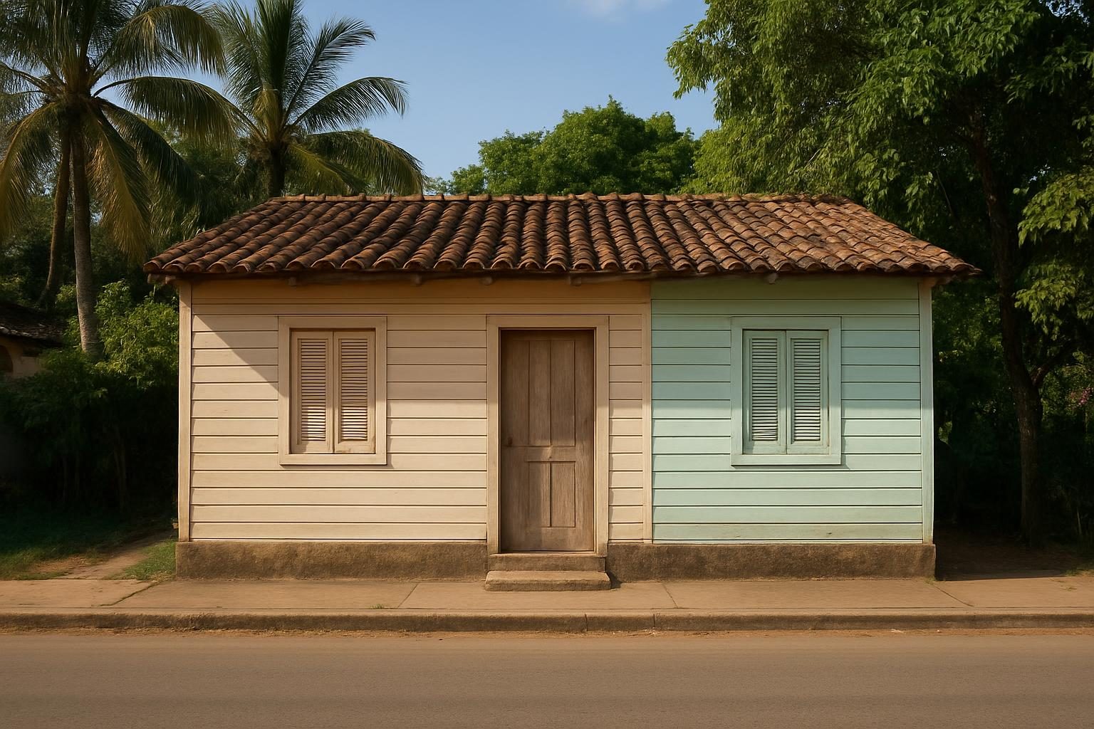 Casa de madeira tradicional em rua tranquila de pequena cidade amazônica do Acre