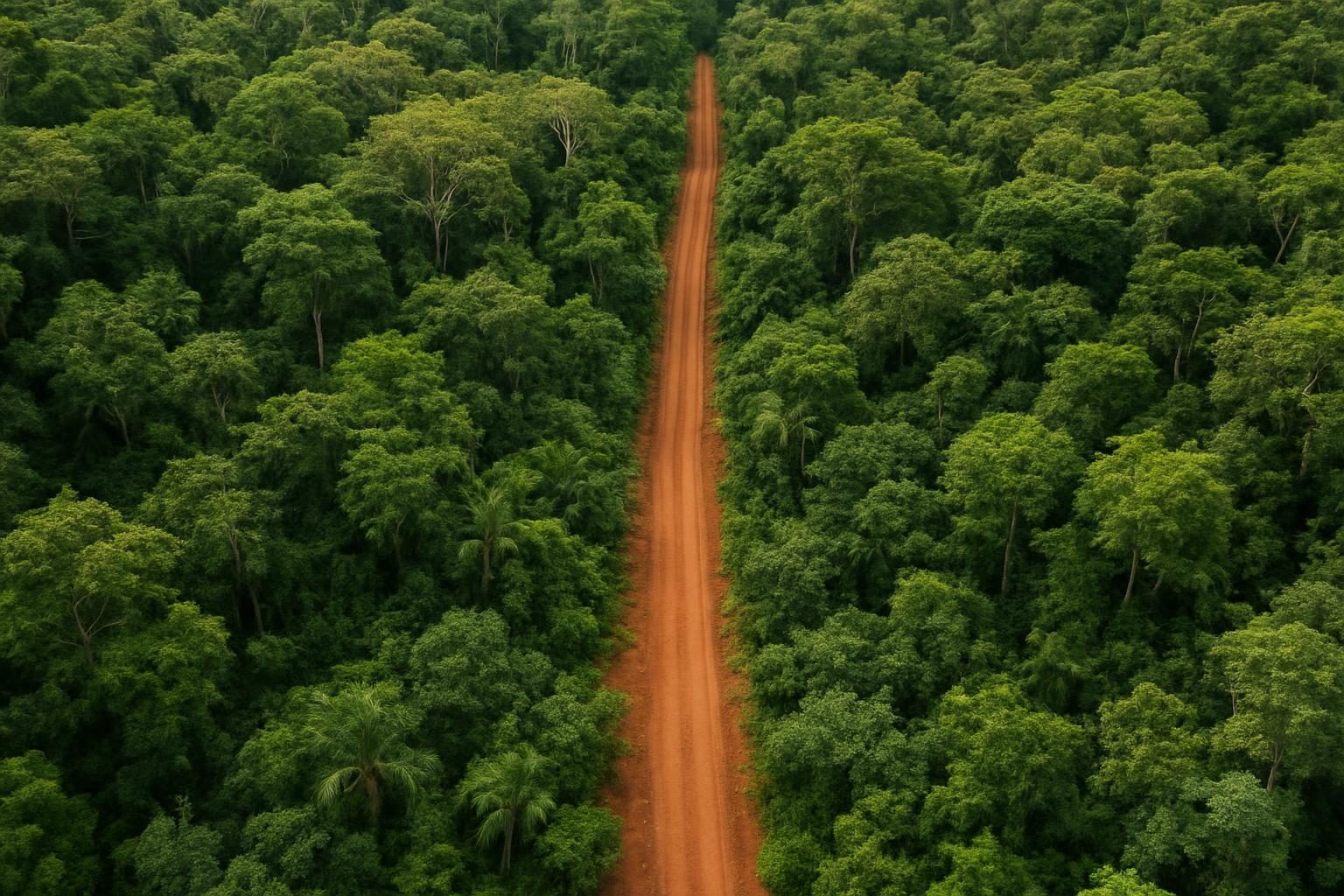 Estrada de terra abrindo caminho no meio da floresta amazônica