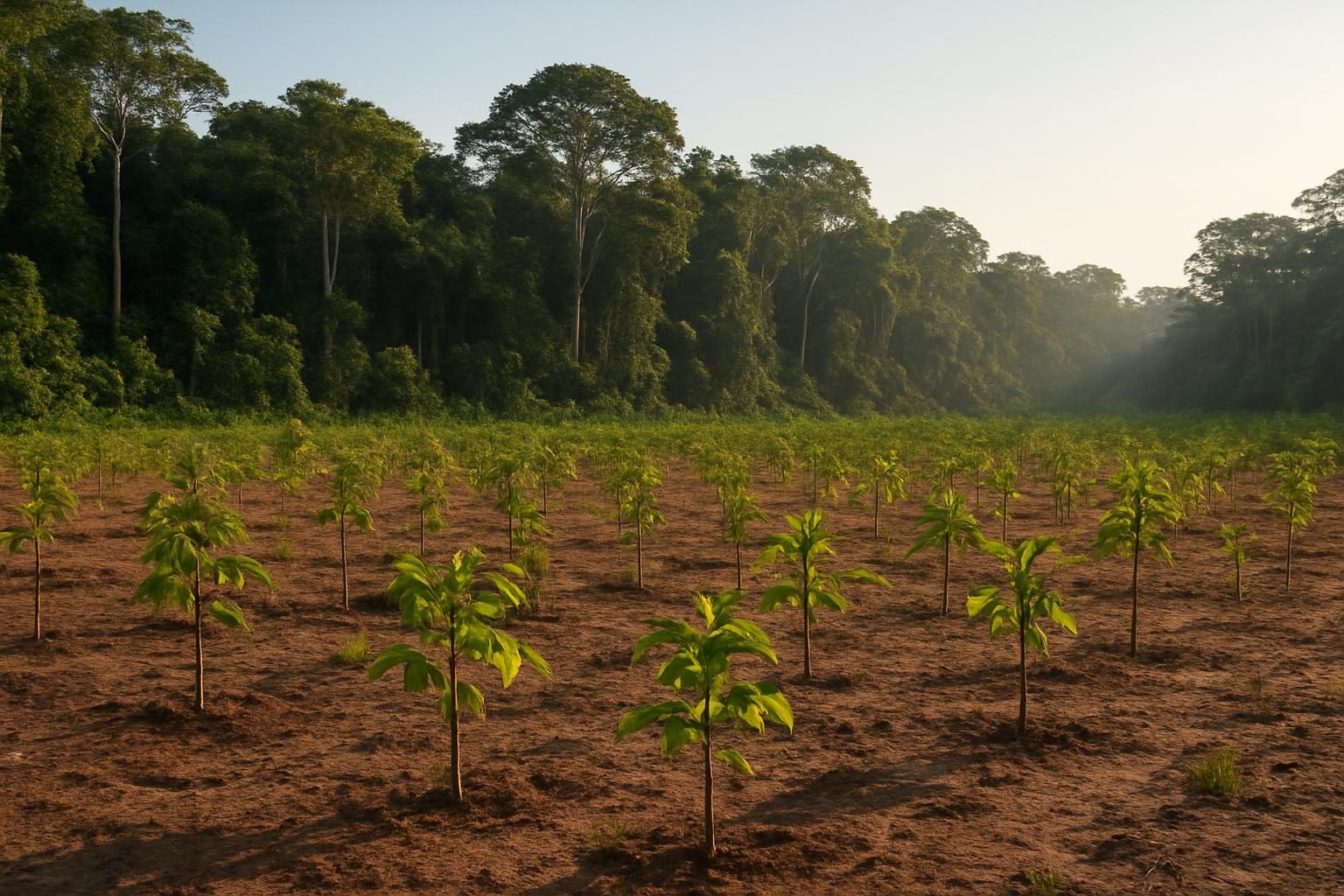Mudas de árvores nativas em área de restauração florestal na Amazônia