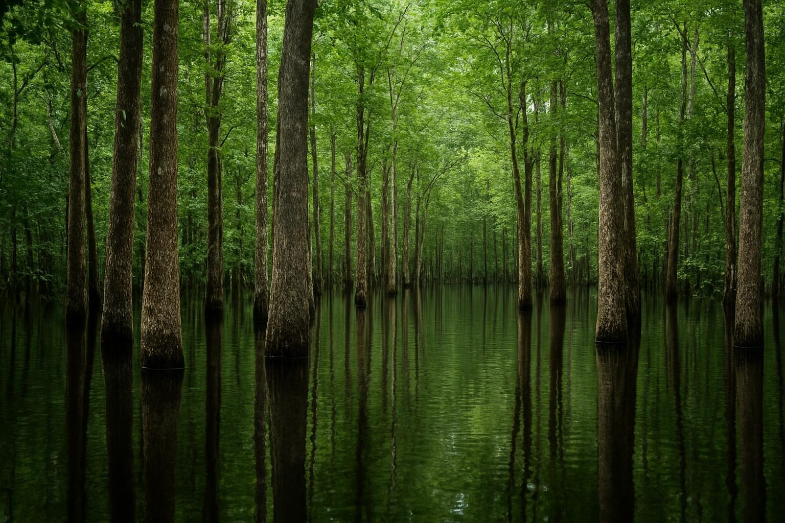 Floresta de igapó alagada na Amazônia com troncos submersos