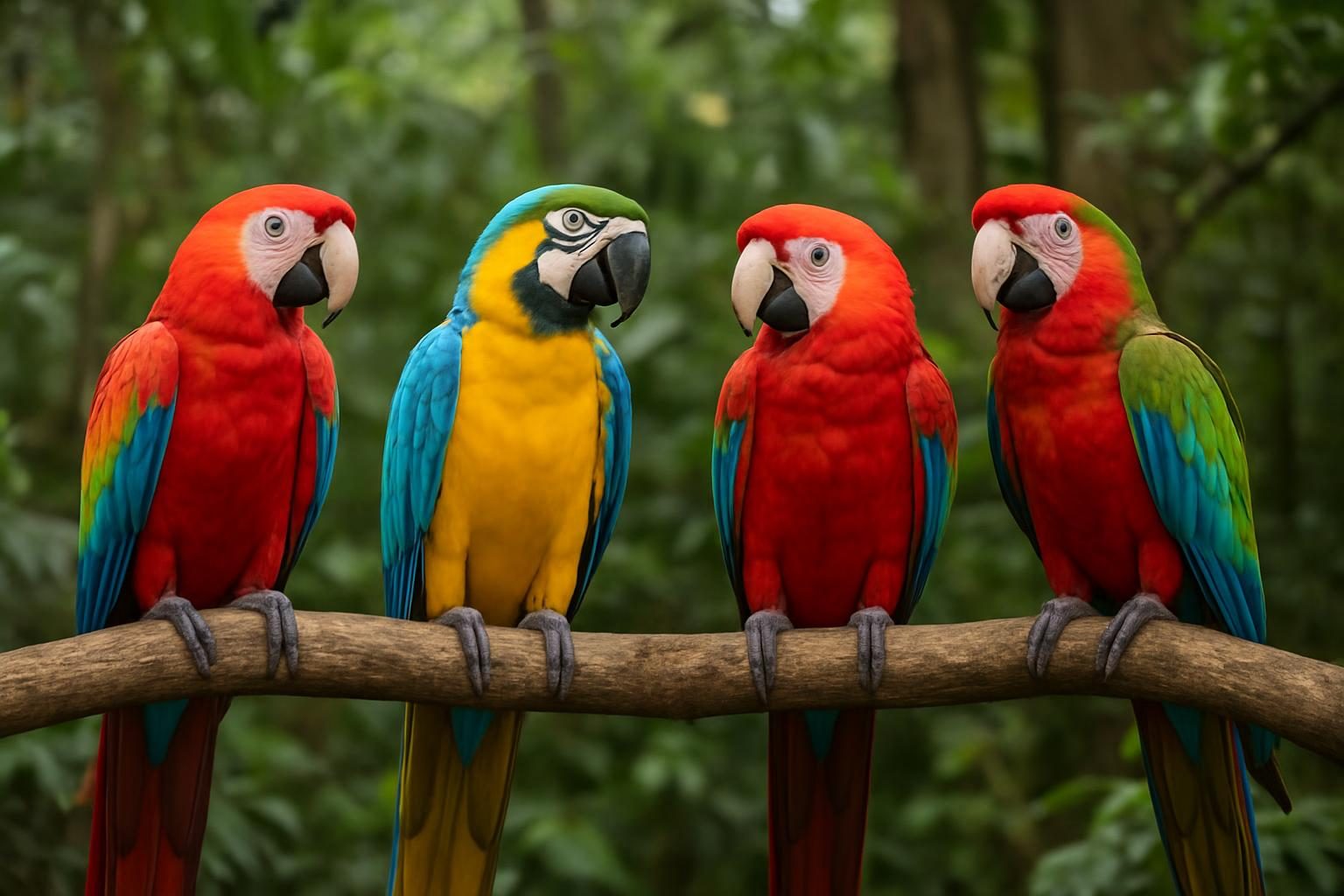 Araras pousadas em galho na floresta amazônica