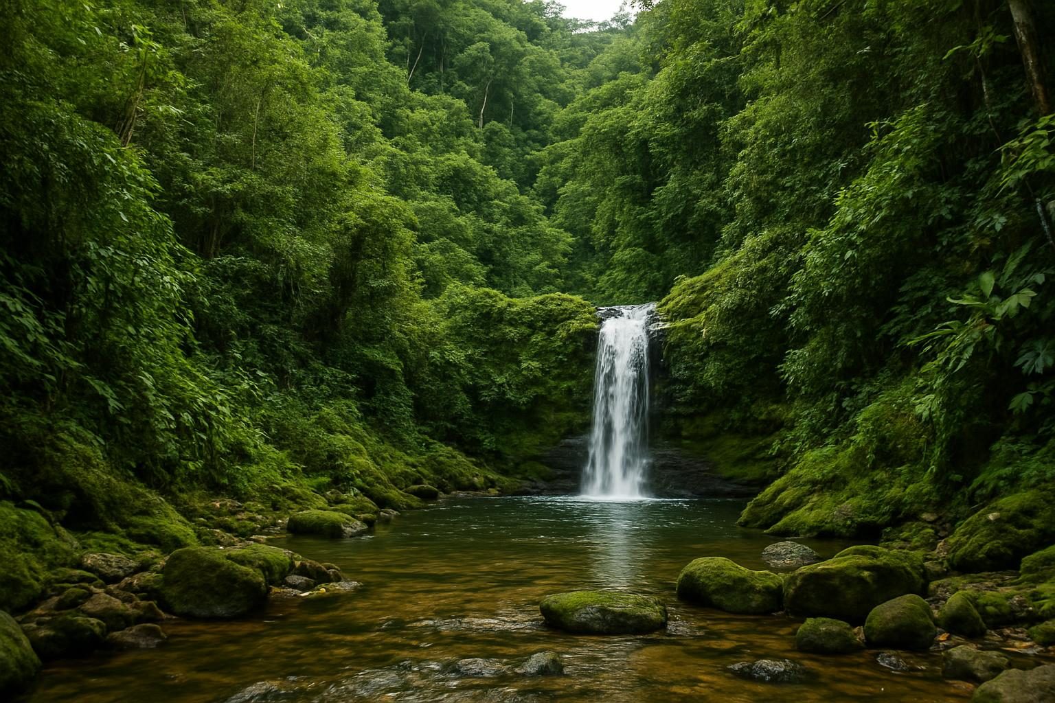 Serra coberta de floresta e cachoeira no extremo oeste da Amazônia acreana