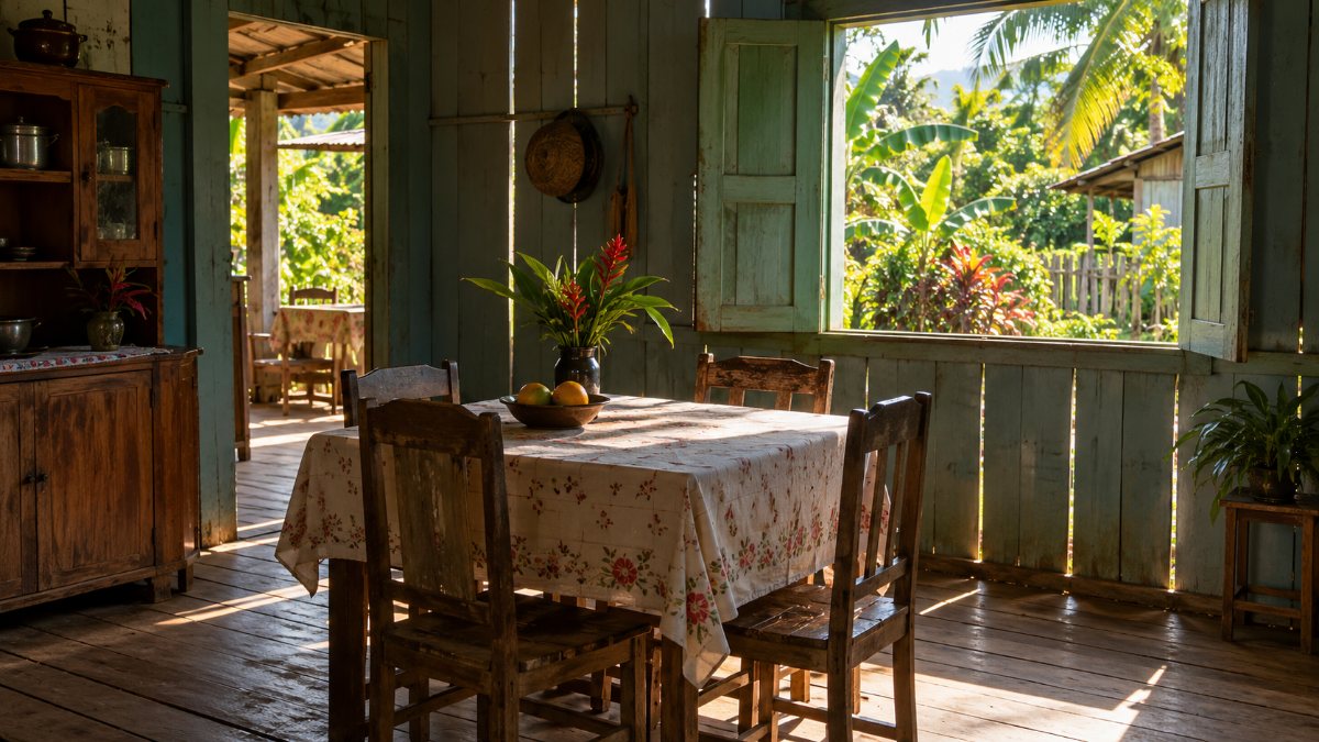 Interior de casa simples de madeira com mesa e janela aberta, típica do Acre