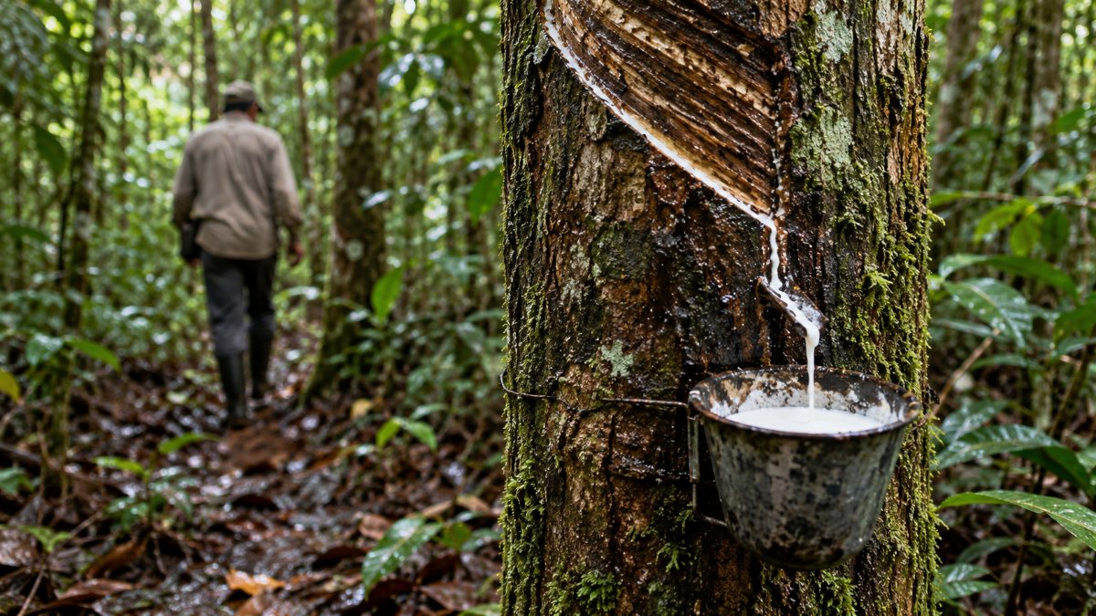Seringueira com cortes na casca e tigela recolhendo látex em trilha na floresta