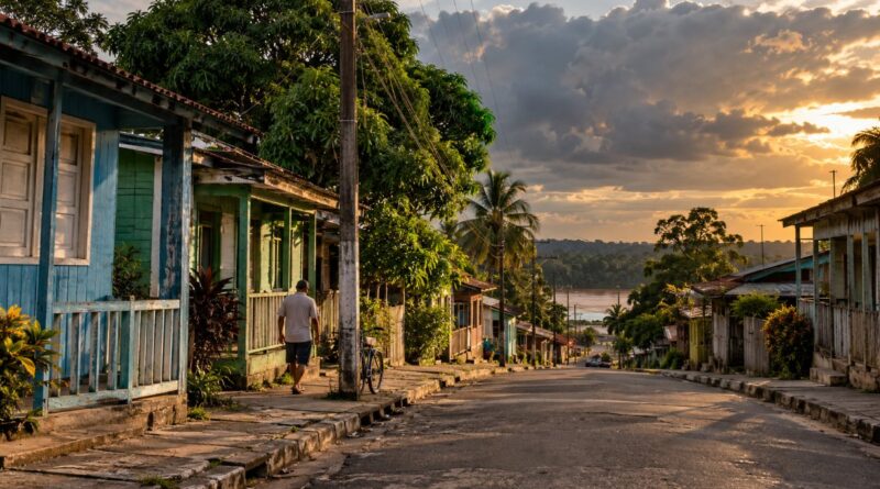 Rua com casas antigas de madeira no centro de Xapuri, no Acre, no fim da tarde