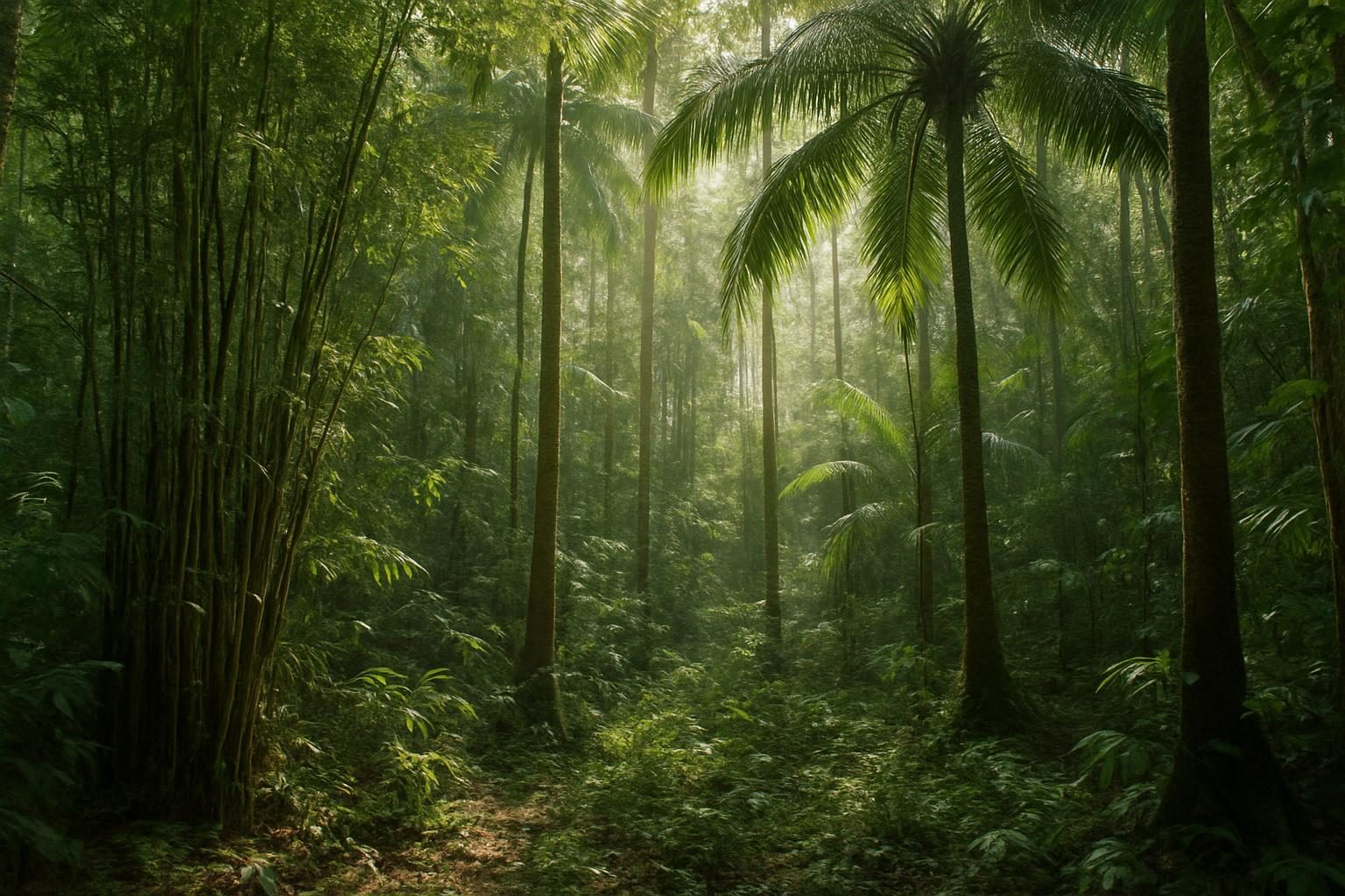 Floresta aberta com palmeiras e bambu nativo, típica do Acre
