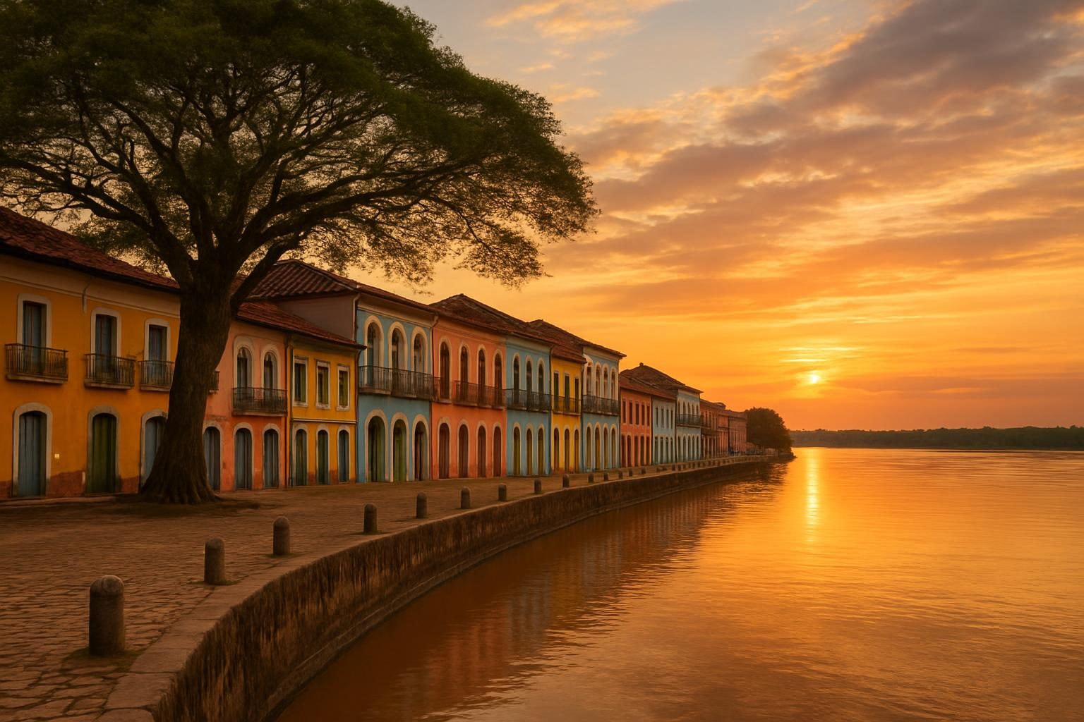 Calçadão à beira do rio Acre com casario antigo ao pôr do sol