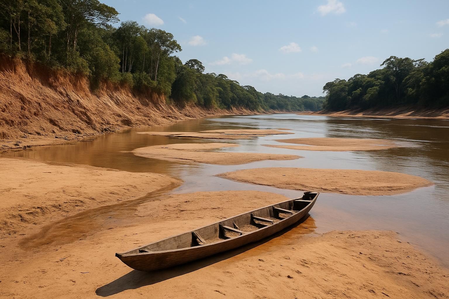 Rio Acre na seca, com bancos de areia expostos e barrancos altos