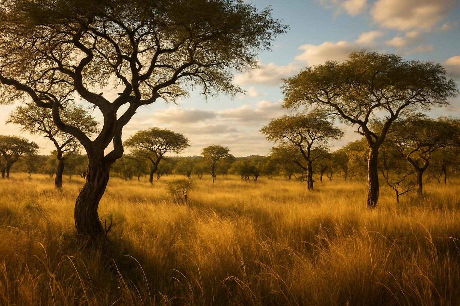 Paisagem do Cerrado brasileiro com árvores retorcidas e capim alto