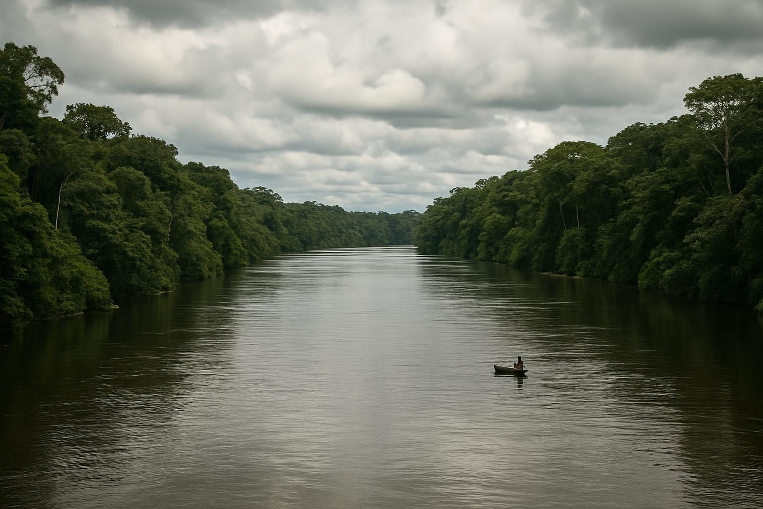 Rio largo na Amazônia ocidental com floresta contínua nas duas margens