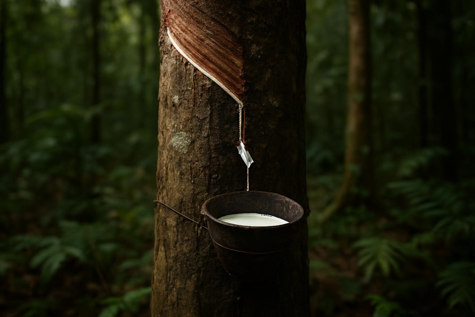 Seringueira com cortes para extração de látex em floresta do Acre