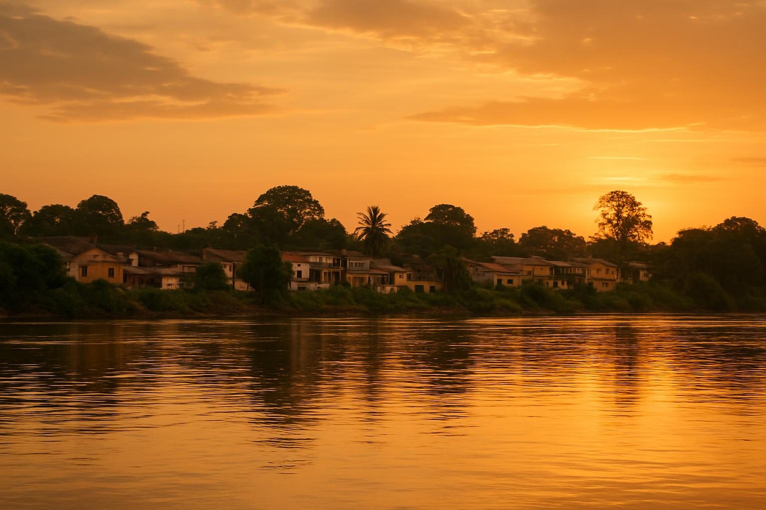Cidade amazônica à beira do rio ao entardecer, paisagem que lembra Rio Branco