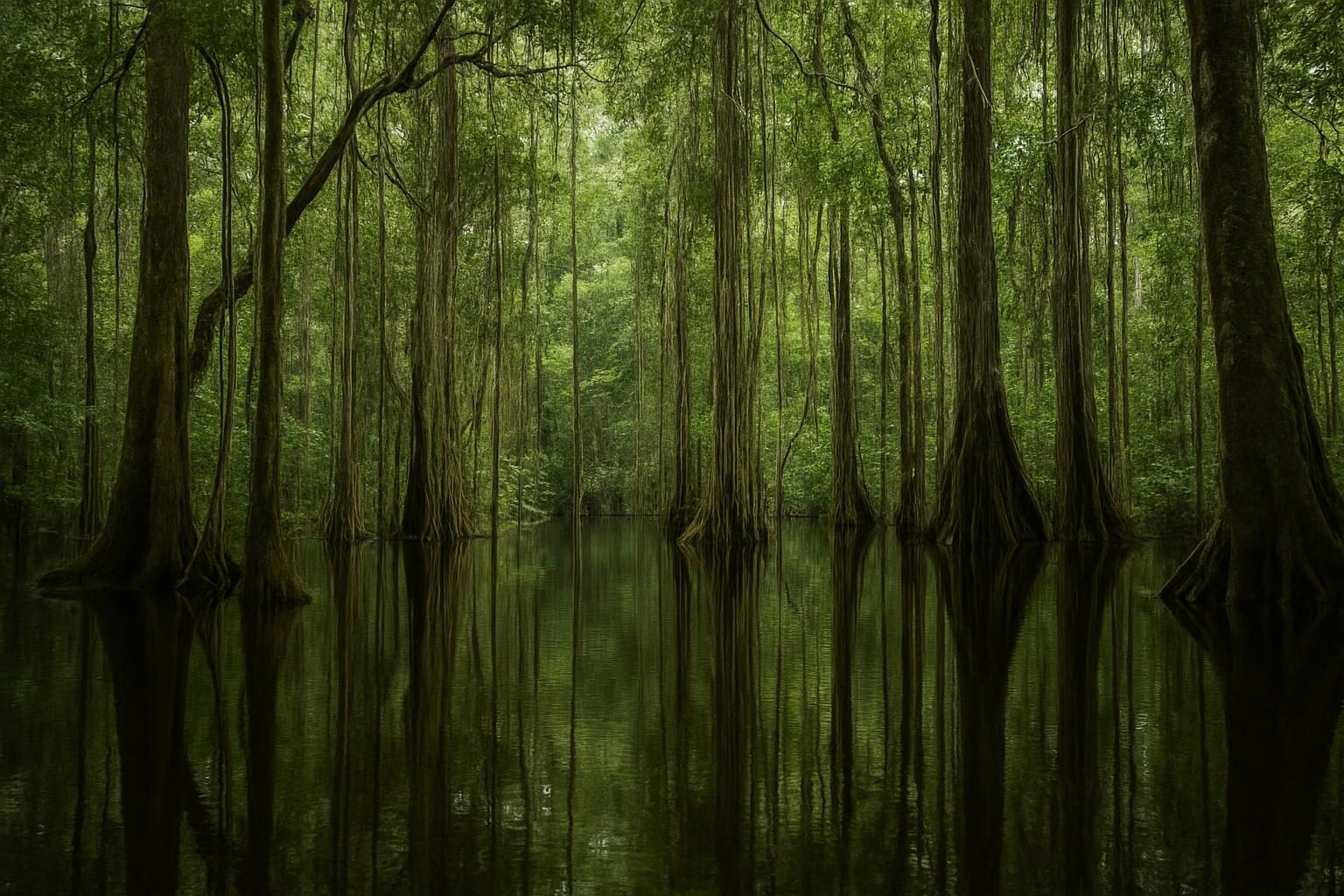 Floresta alagada de igapó na Amazônia com árvores refletidas na água escura