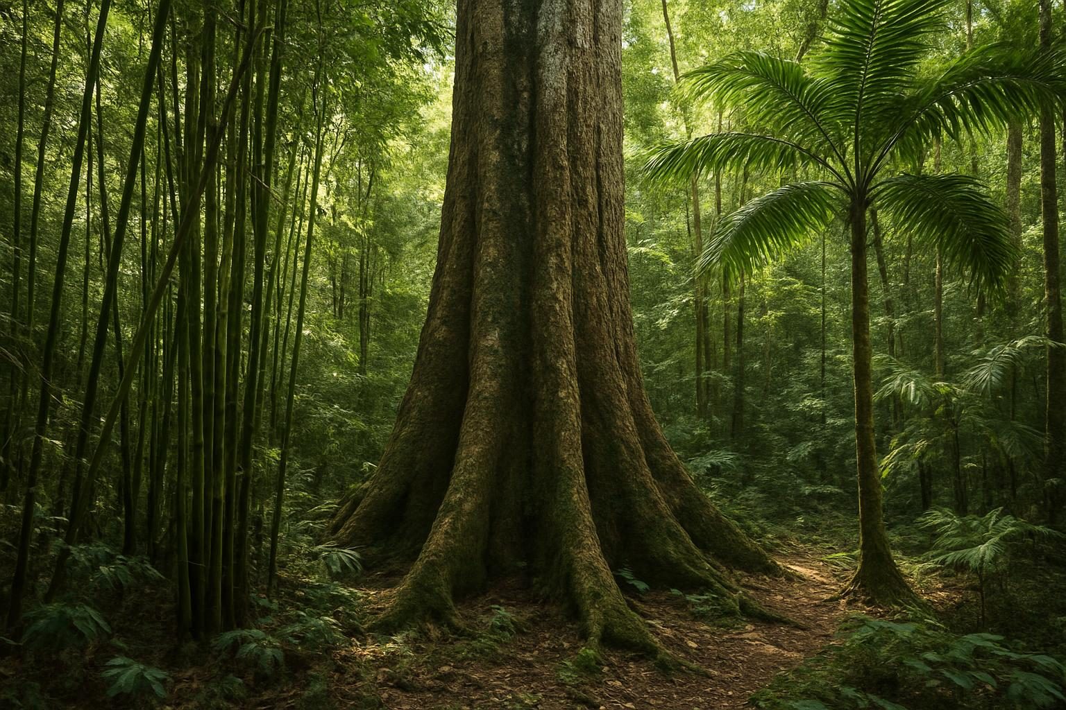 Interior de floresta amazônica no Acre com bambu nativo, palmeiras e tronco de castanheira