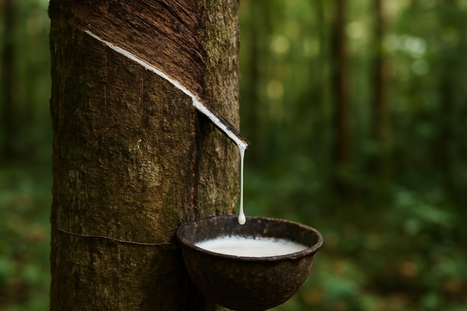 Látex branco escorrendo do corte da seringueira para a tigela presa ao tronco