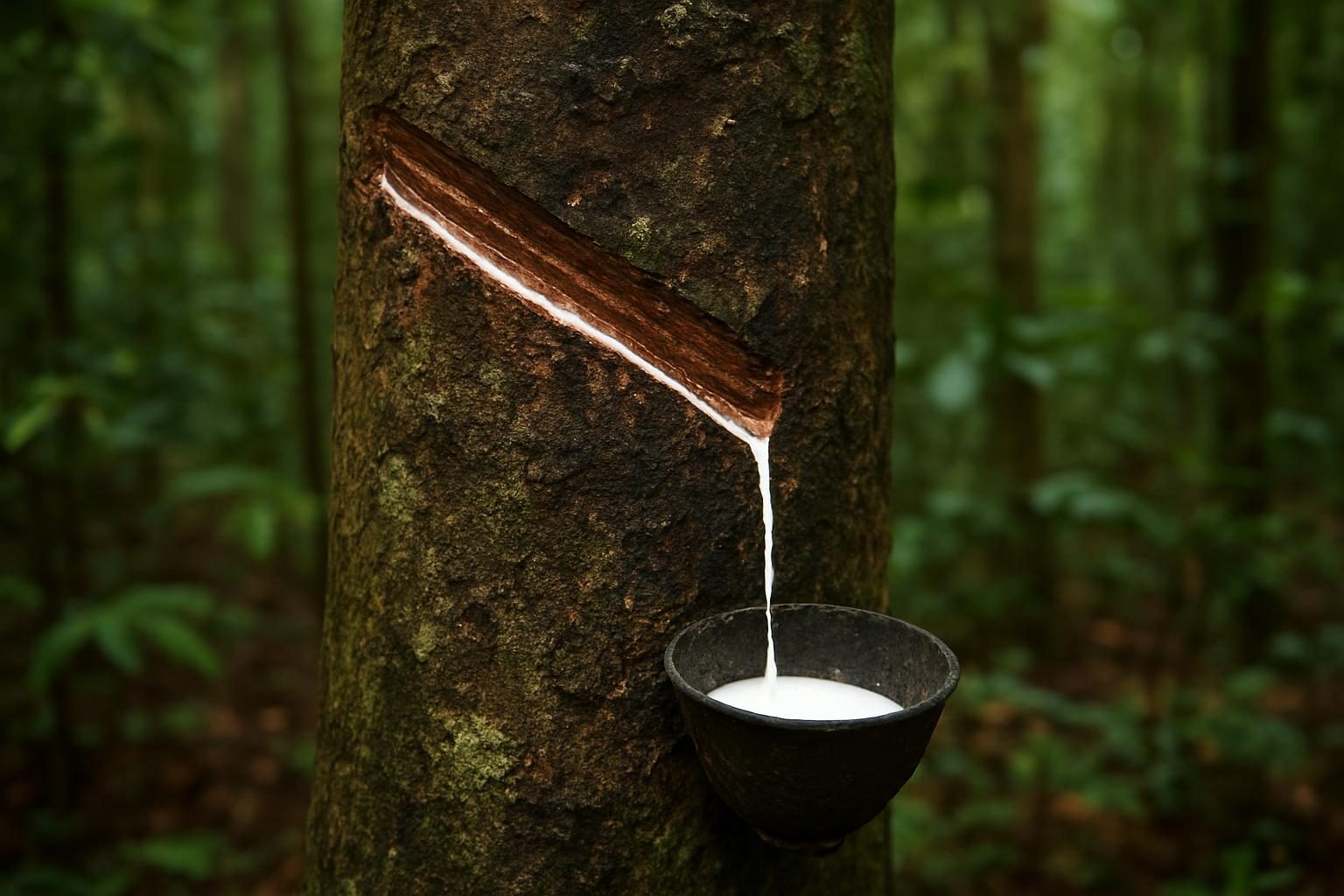 Tronco de seringueira nativa com cortes e látex escorrendo para uma tigela