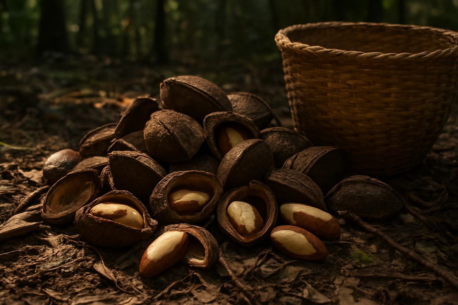 Ouriços de castanha-do-pará abertos ao lado de um cesto no chão da floresta