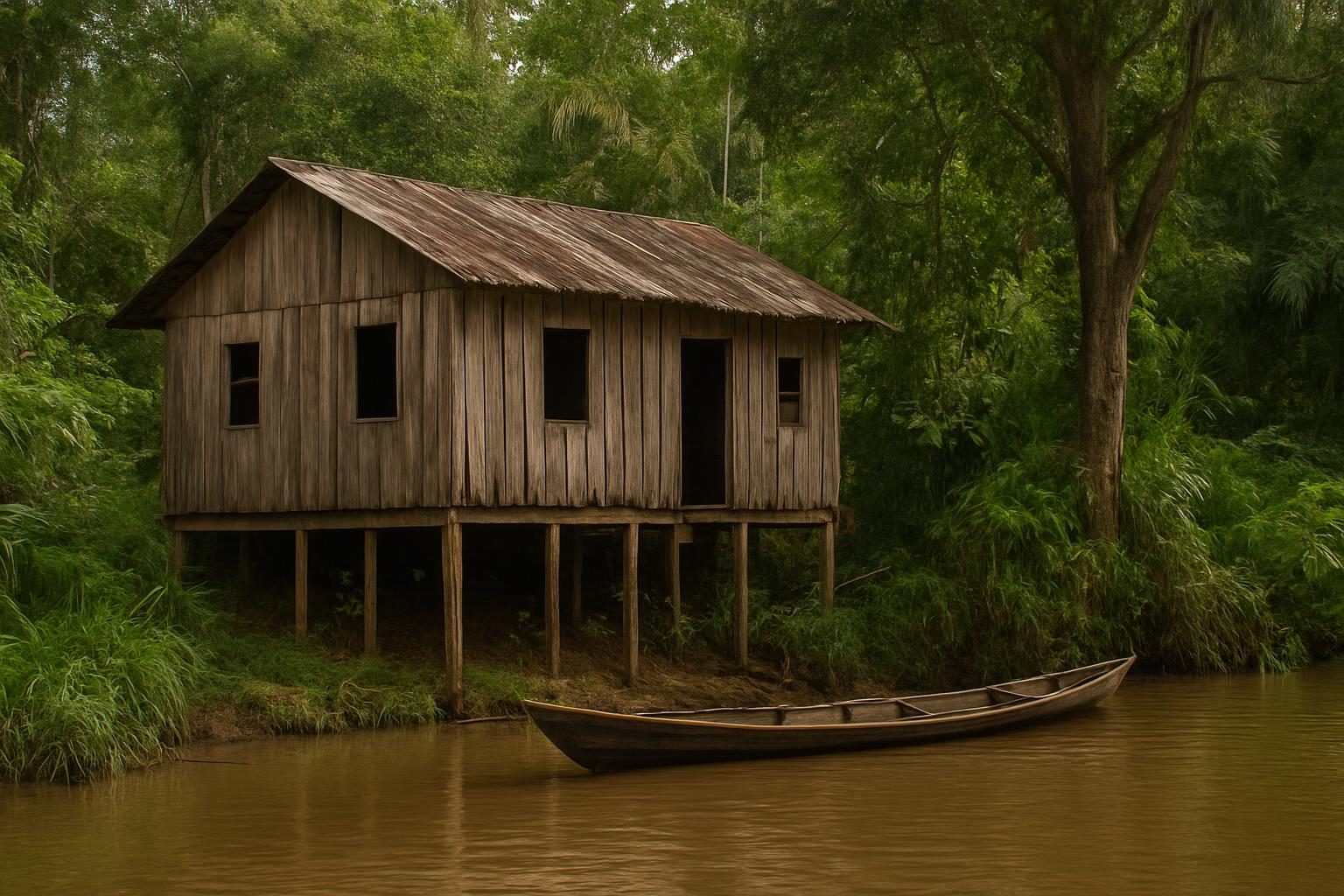 Construção de madeira à beira de rio amazônico semelhante a um antigo barracão de seringal