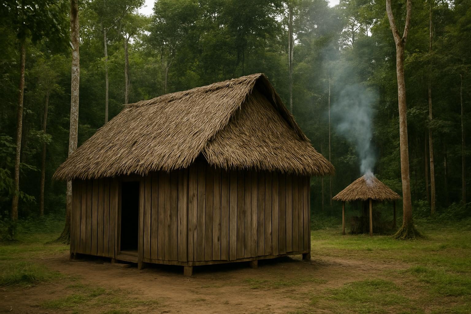 Casa rústica de madeira e palha em clareira na floresta, como uma colocação de seringueiro