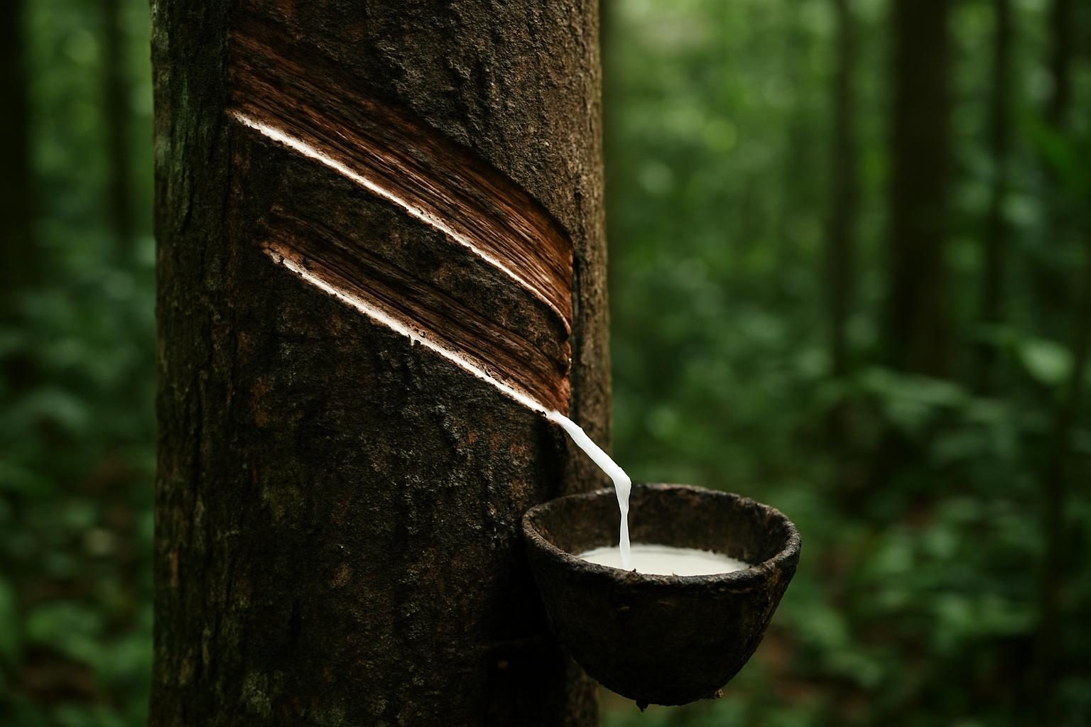 Tronco de seringueira com cortes na casca e látex escorrendo para uma tigelinha