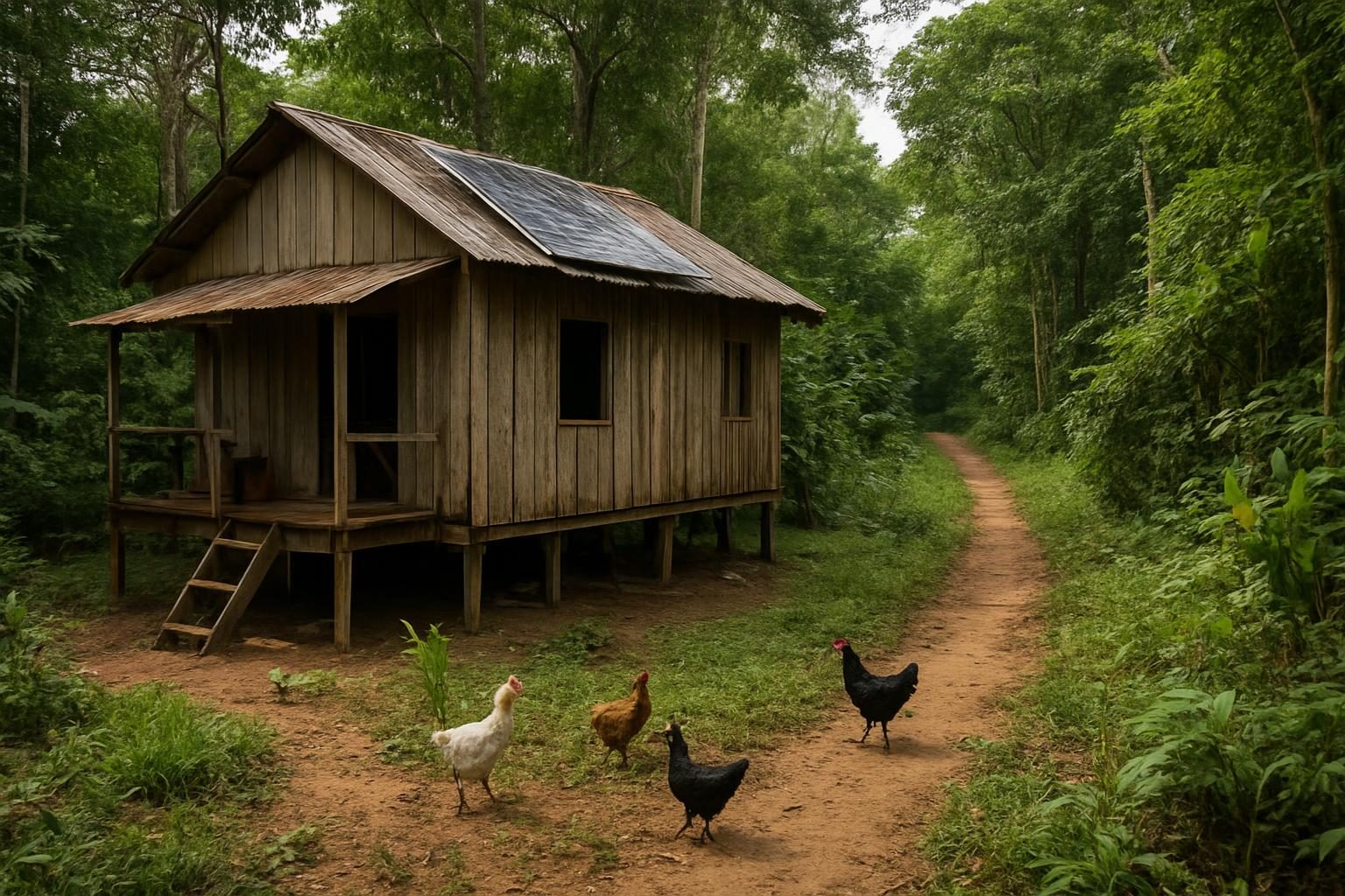 Colocação seringueira com casa de madeira, placa solar e terreiro em meio à floresta
