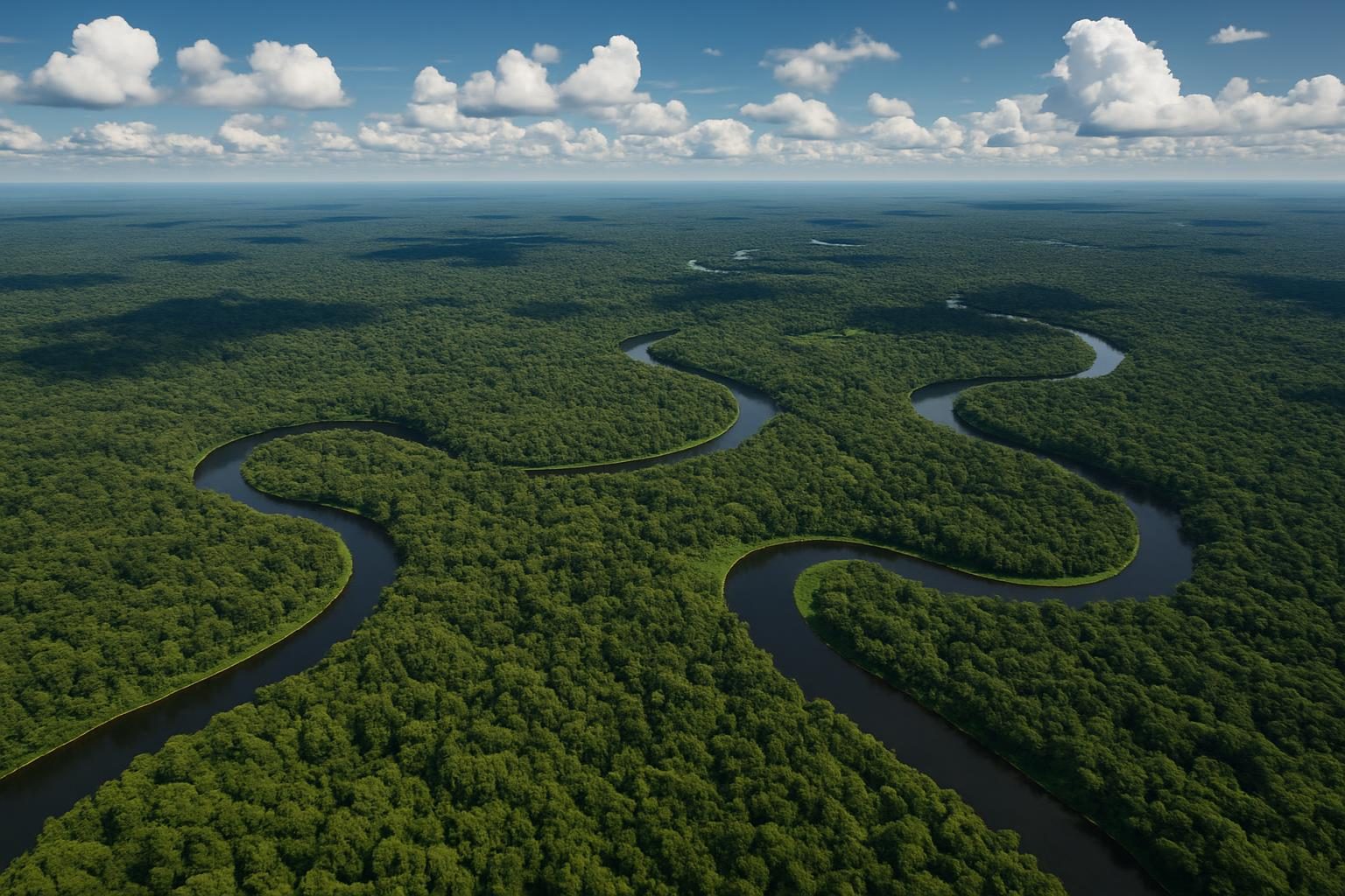 Imensidão da floresta com lagos e curvas de rio, mostrando a dimensão do território acreano
