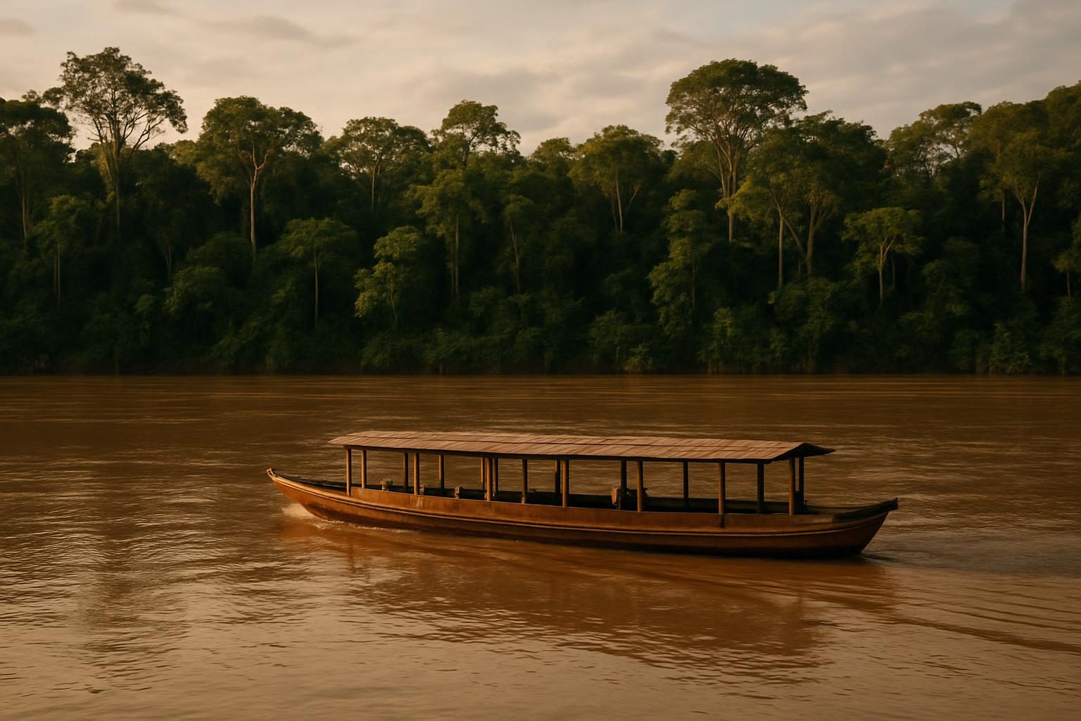 Barco de madeira navegando por rio amazônico, principal meio de transporte para municípios isolados do Acre