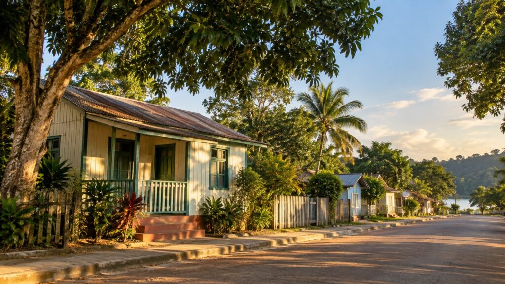 Casa simples de madeira pintada de cores claras em uma rua tranquila de cidade pequena da Amazônia