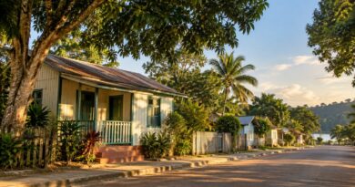 Casa simples de madeira pintada de cores claras em uma rua tranquila de cidade pequena da Amazônia