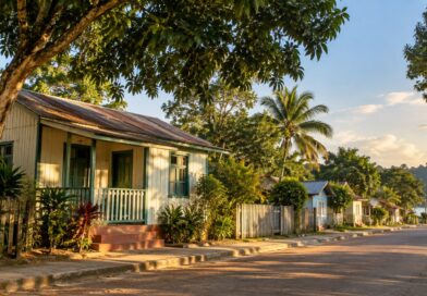 Casa simples de madeira pintada de cores claras em uma rua tranquila de cidade pequena da Amazônia