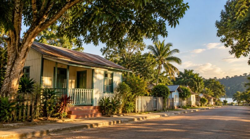 Casa simples de madeira pintada de cores claras em uma rua tranquila de cidade pequena da Amazônia